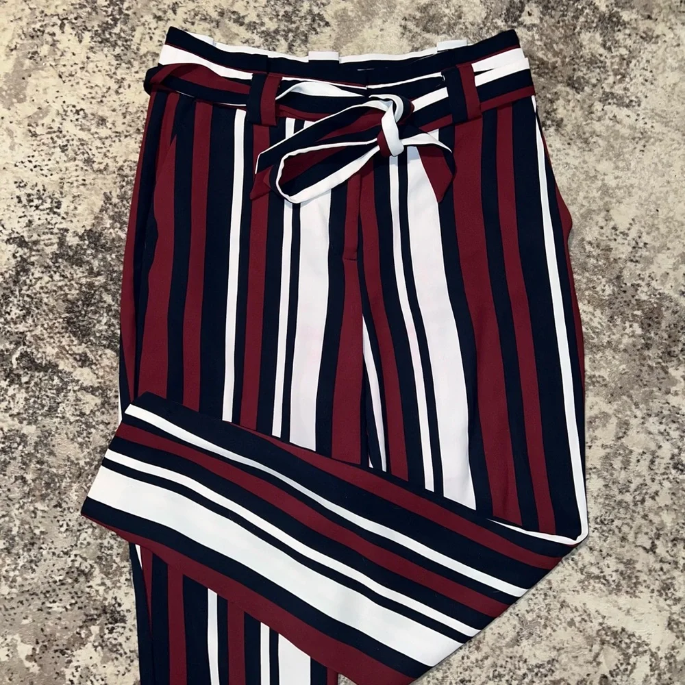 Express Women's Ankle Crop Striped Pants in Navy, White & Burgundy